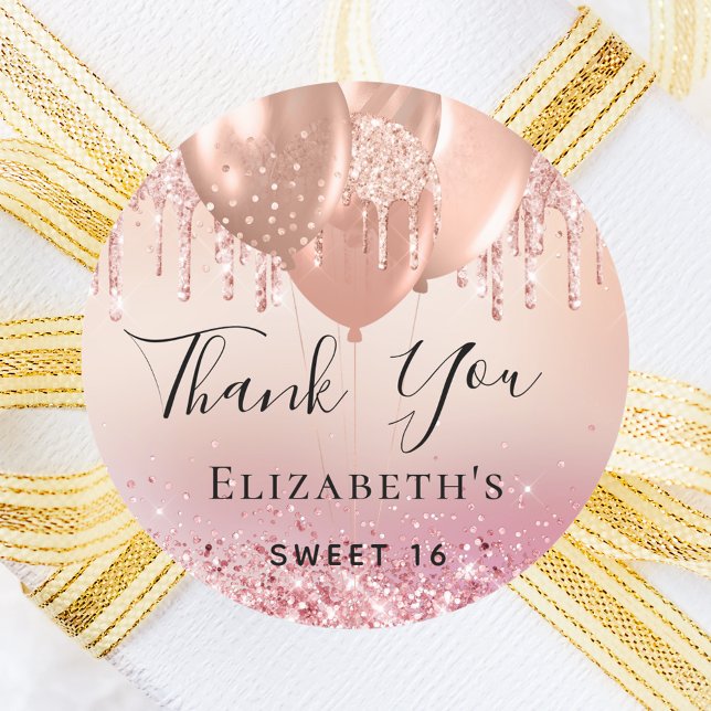 Sweet 16 blush pink rose gold balloons name classic round sticker (Creator Uploaded)