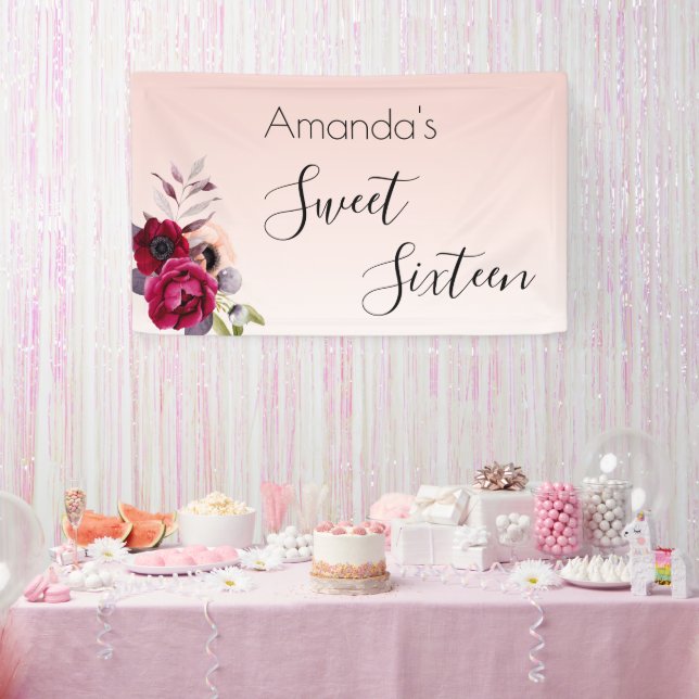Sweet 16 blush pink rose gold floral banner (Party)