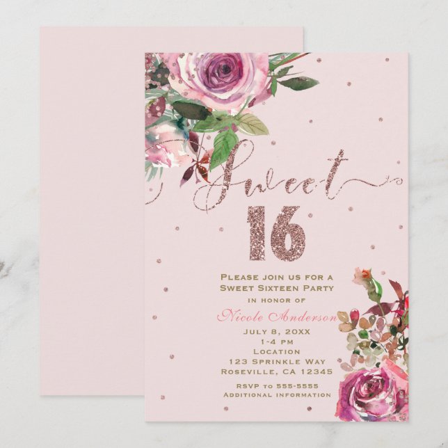 SWEET 16 Blush Pink Rose Gold Floral Modern Party Invitation (Front/Back)