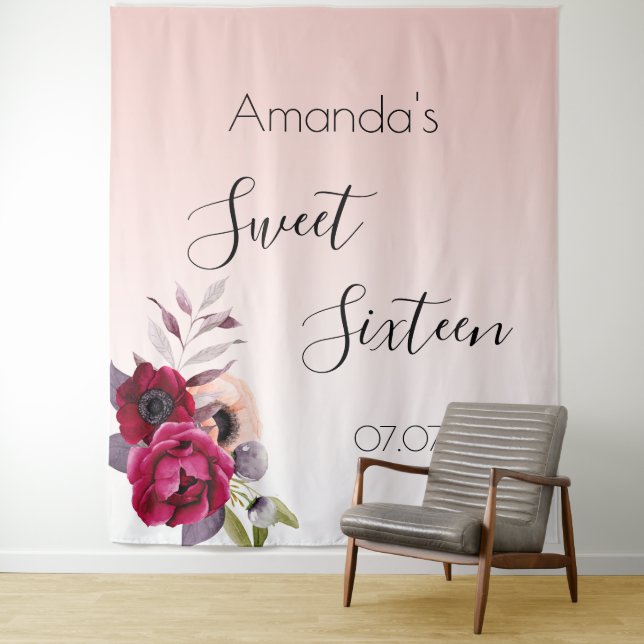 Sweet 16 blush pink rose gold floral tapestry (In Situ)