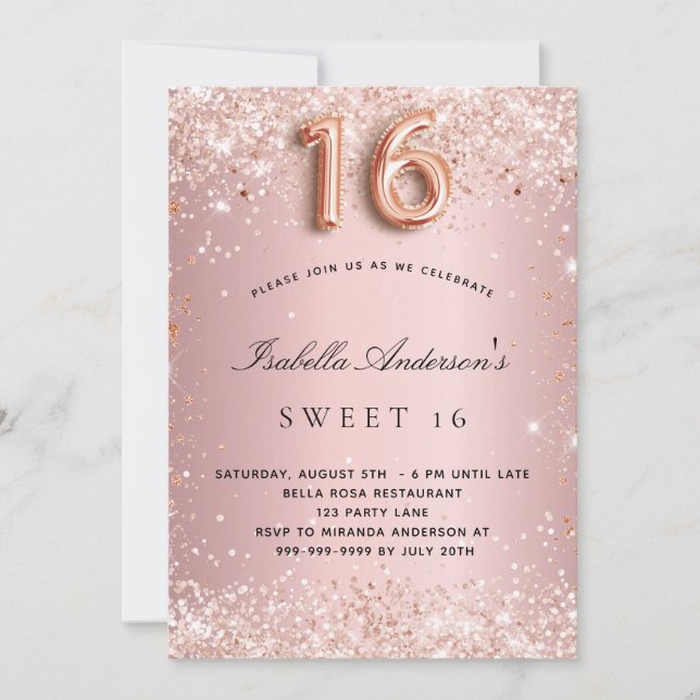 Sweet 16 blush pink rose gold glitter dust party invitation (Front)