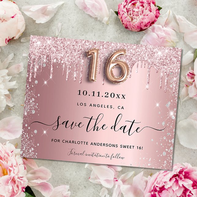 Sweet 16 blush pink silver budget save the date flyer (Creator Uploaded)