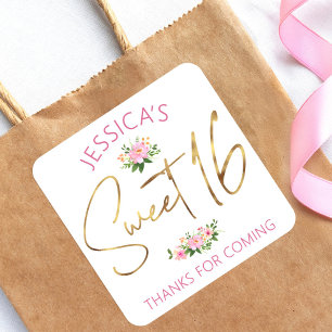 Sweet 16 Blush Pink Watercolor Floral Gold Script Square Sticker