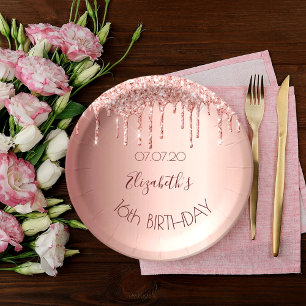 Sweet 16 blush rose gold drips name paper plate