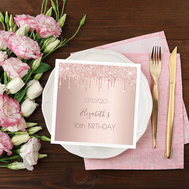 Sweet 16 blush rose gold glitter drips name glam napkin (Creator Uploaded)