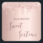Sweet 16 blush rose gold glitter drips name square sticker<br><div class="desc">A sticker for a girly and glamourous Sweet 16th birthday party. A faux rose gold metallic looking background with an elegant faux rose gold glitter drips, paint drip look. The text: Sweet Sixteen is written in dark rose gold with a large modern hand lettered style script. Tempate for a name....</div>
