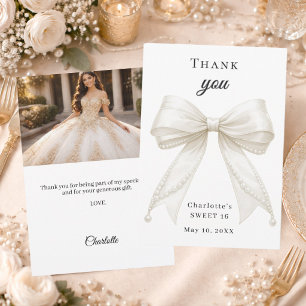 Sweet 16 bow ceam pearls photo thank you card