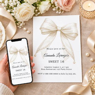 Sweet 16 bow ivory white pearls elegant invitation