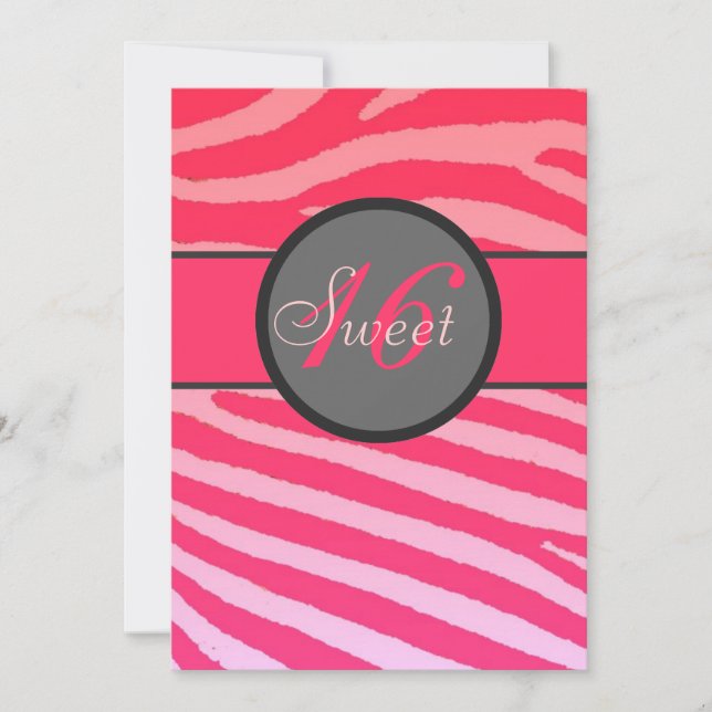Sweet 16 bright pink zebra stripe birthday invites (Front)