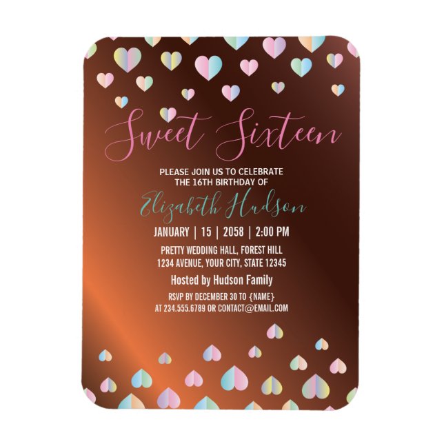 Sweet 16 Bronze Invitation with Colourful Speckles Magnet (Vertical)