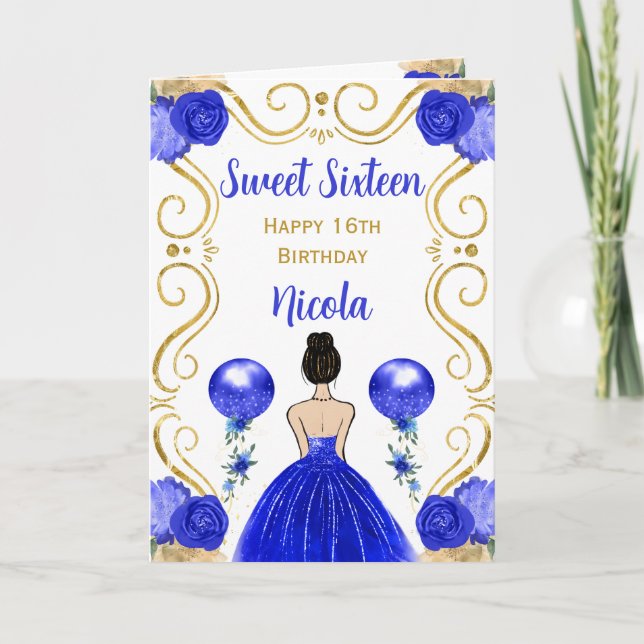 Sweet 16 Brown Hair Princess Blue Happy Birthday Card (Front)