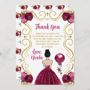 Sweet 16 Brown Hair Princess Burgundy Thank You Card