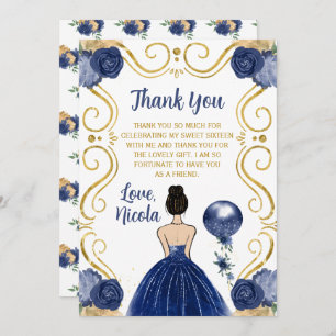 Sweet 16 Brown Hair Princess Navy Thank You Card