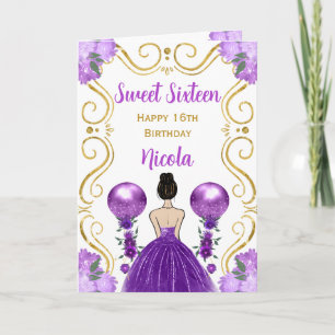Sweet 16 Brown Hair Princess Purple Happy Birthday Card