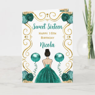 Sweet 16 Brown Hair Princess Teal Happy Birthday Card