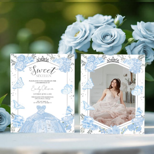 Sweet 16 Budget Photo Invitation Blue Butterfly (Creator Uploaded)