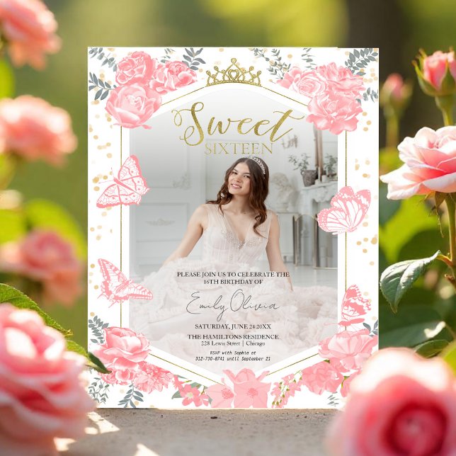 Sweet 16 Budget Photo Invitation Pink Butterfly  (Creator Uploaded)