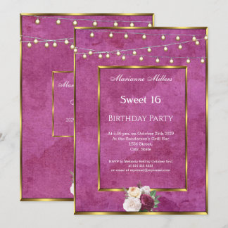 Sweet 16 Burgundy Gold Fairy Lights Roses  Invitation