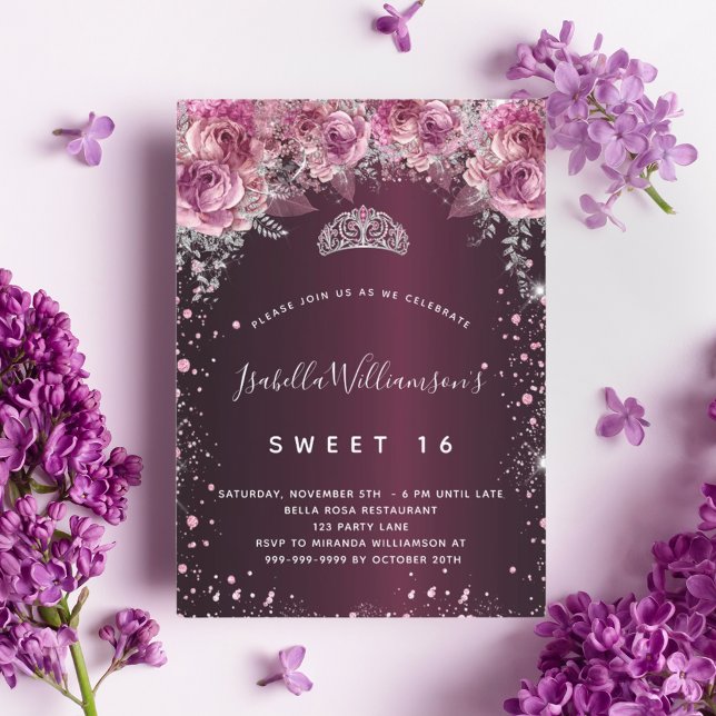 Sweet 16 burgundy pink glitter floral tiara invitation (Creator Uploaded)