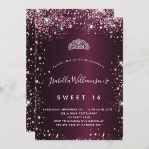 Sweet 16 burgundy pink glitter tiara invitation