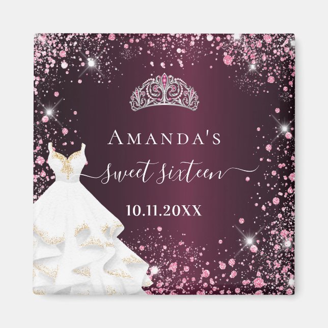 Sweet 16 burgundy pink tiara dress glitter name magnet (Front)