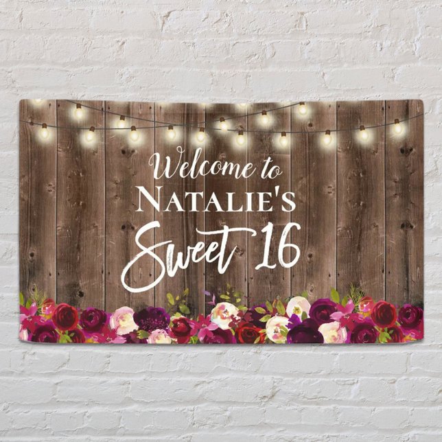 Sweet 16 Burgundy Red Floral Rustic Barn Wood Banner (Creator Uploaded)