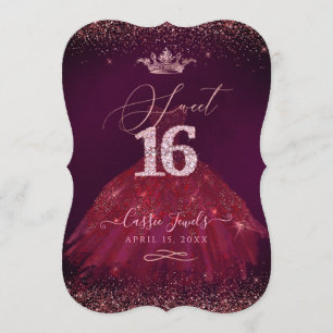 Sweet 16 Burgundy Rose Gold Confetti Princess Invitation