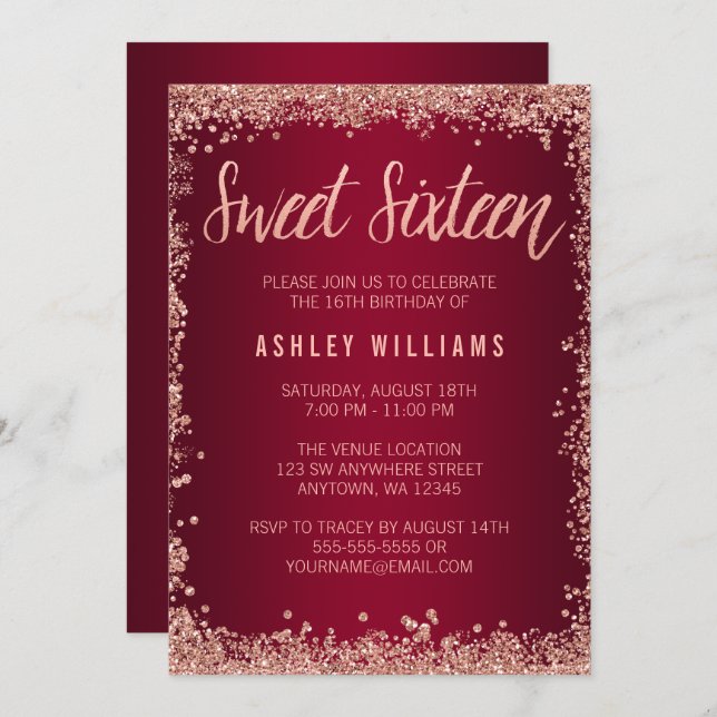 Sweet 16 Burgundy Rose Gold Faux Glitter Birthday Invitation (Front/Back)