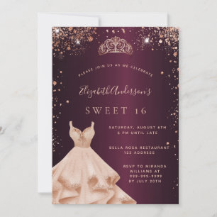 Sweet 16 burgundy rose gold glitter dress tiara invitation
