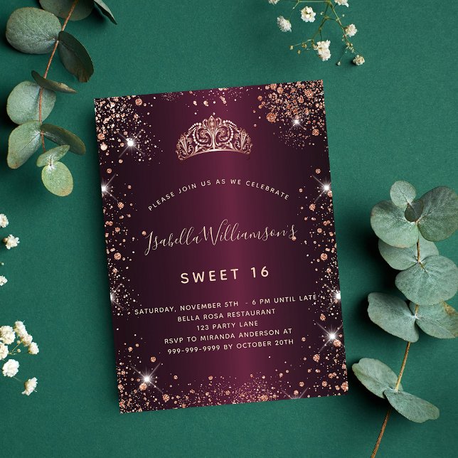 Sweet 16 burgundy rose gold glitter dust tiara invitation (Creator Uploaded)