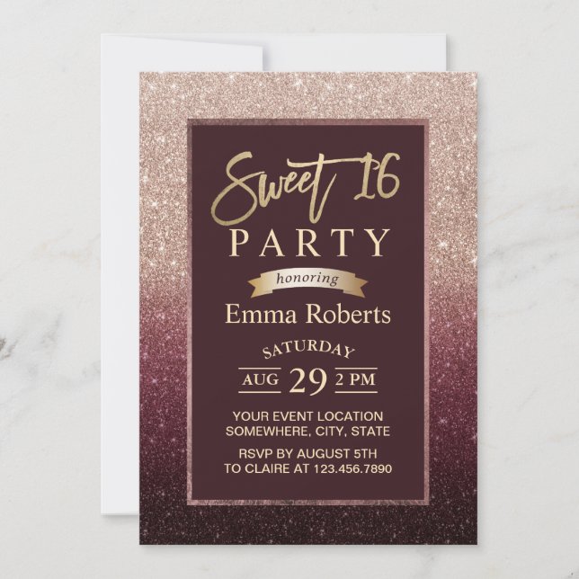 Sweet 16 Burgundy & Rose Gold Ombre Birthday Invitation (Front)