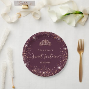 Sweet 16 burgundy rose gold tiara name script paper plate