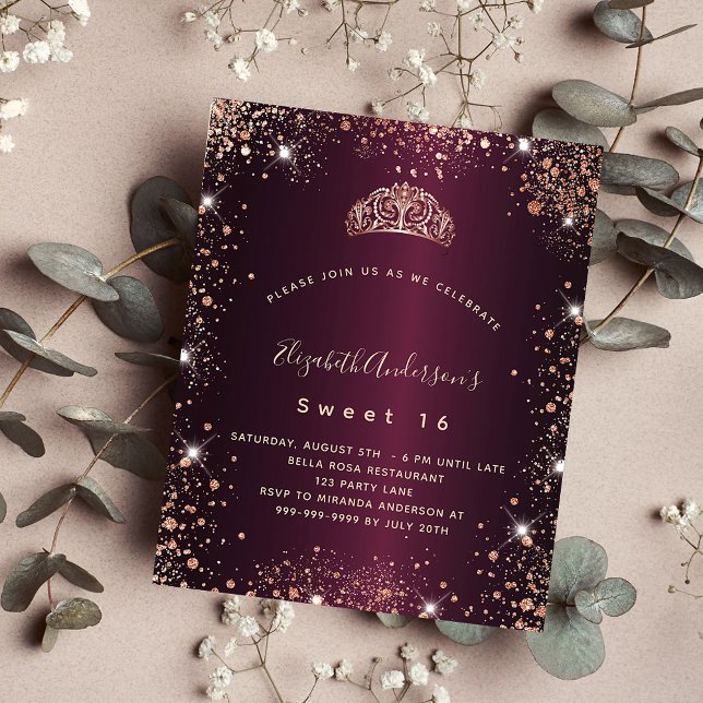 Sweet 16 burgundy rose tiara budget invitation flyer (Creator Uploaded)