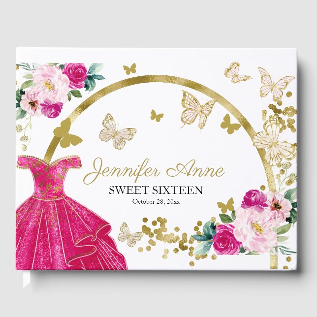Sweet 16 Butterfly Flowers Hot Pink Dress Guest Book (Front)