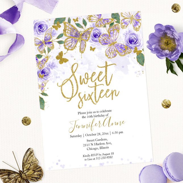 Sweet 16 Butterfly Invitation Purple Floral Gold (Creator Uploaded)