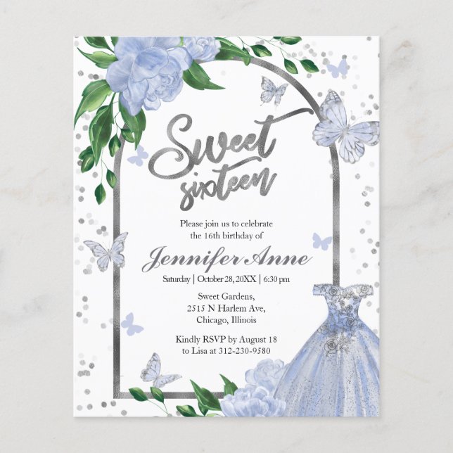 Sweet 16 Butterflys Dusty Blue Budget Invitation (Front)