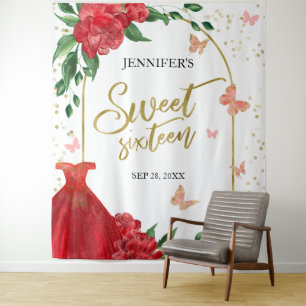 Sweet 16 Butterflys Emerald Red Gown Backdrop Tapestry