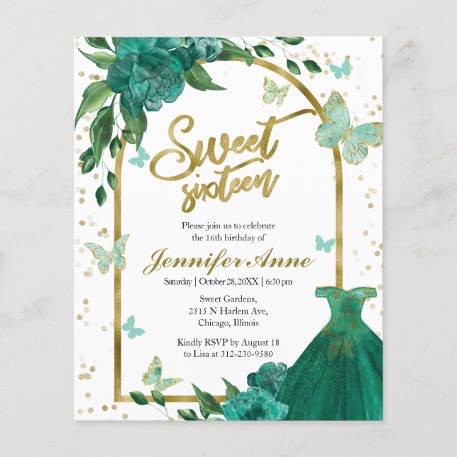 Sweet 16 Butterflys Green Budget Invitation (Front)