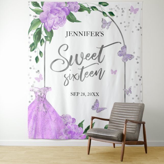 Sweet 16 Butterflys Lavender Gown Backdrop Tapestry (In Situ)