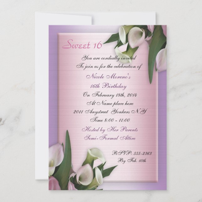 Sweet 16 calla lily birthday invitation elegant (Front)