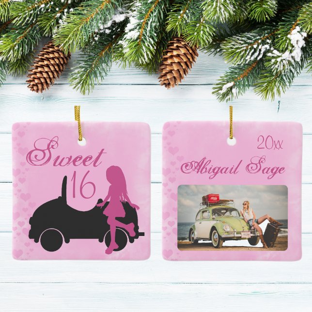 Sweet 16 Car Personalised Photo Pink Christmas Ceramic Ornament (Creator Uploaded)