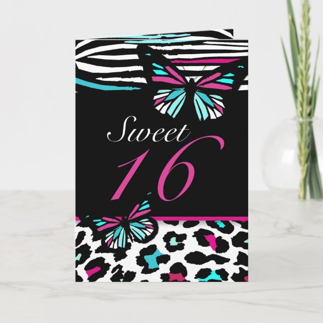 Sweet 16 Card Butterfly, Leopard & Zebra Print (Front)