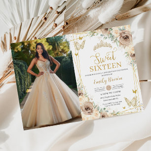 Sweet 16 Champagne Brown Floral Butterflies Photo Invitation