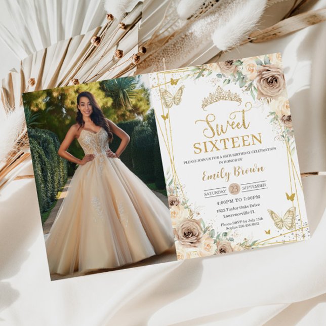 Sweet 16 Champagne Brown Floral Butterflies Photo Invitation (sweet sixteen 16 birthday champagne gold beige brown floral flowers roses butterflies invitations)