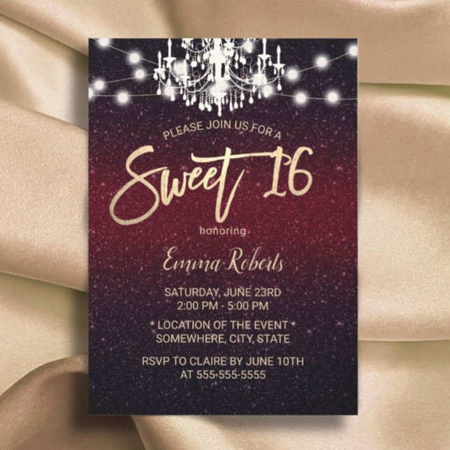 Sweet 16 Chandelier Modern Burgundy Red Glitter Invitation (Creator Uploaded)