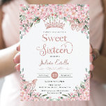 Sweet 16 Cherry Blossoms Rose Gold Butterflies Invitation<br><div class="desc">Personalise this pretty cherry blossoms Sweet 16 Sixteen birthday invitation easily and quickly. Simply click the customise it further button to edit the texts, change fonts and fonts colours. Featuring beautiful watercolor cherry blossoms flowers, rose gold butterflies and a rose gold princess crown. Matching items available in store. (c) Somerset...</div>