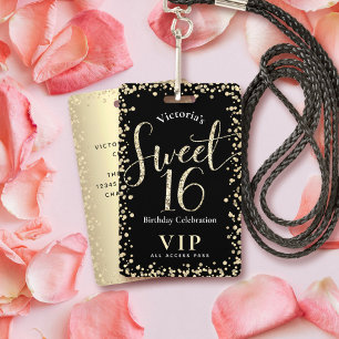 Sweet 16 Chic Black Gold Glitter Birthday VIP Pass ID Badge