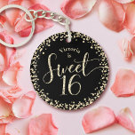 Sweet 16 Chic Black Gold Glitter Confetti Birthday<br><div class="desc">“Happy Sweet 16”. Here’s a fun addition to her birthday fête! Celebrate by gifting this custom acrylic keychain. Gold glitter script typography and confetti overlay a black background. Personalise the custom text with your daughter’s name. Choose from circle or square shape, double or single-sided. Wonderful for the budding fashionista who...</div>