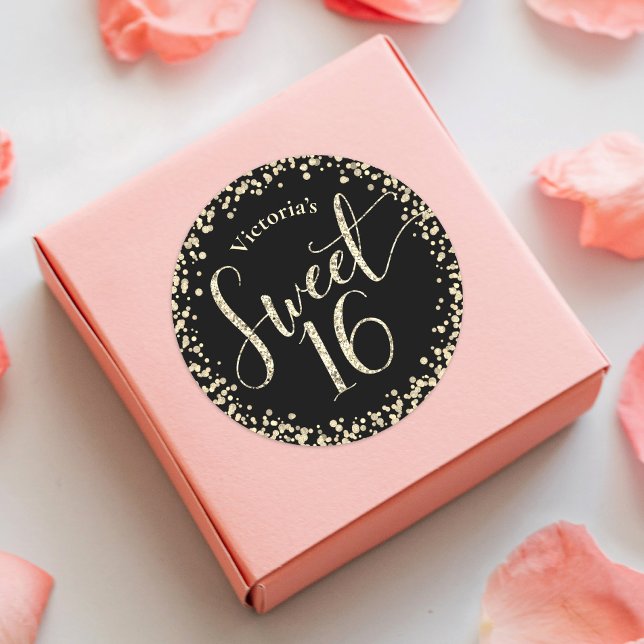 Sweet 16 Chic Black Gold Glitter Confetti Birthday Classic Round Sticker (Creator Uploaded)