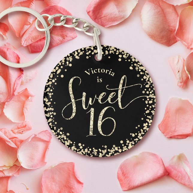 Sweet 16 Chic Black Gold Glitter Confetti Birthday Key Ring (Creator Uploaded)